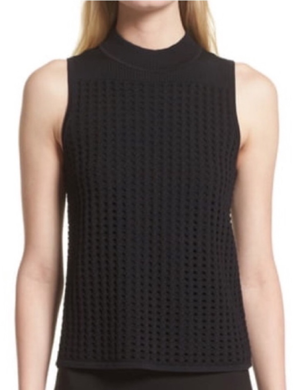 Rag & Bone Ingrid Black Sleeveless SMALL Top Mock Neck Ribbed Open Knit